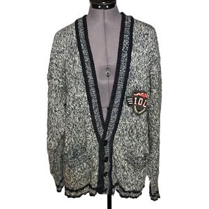 Vtg 90s‎ IOU Club Legend Cardigan Oversized Grunge Preppy Varsity Knit Sweater L